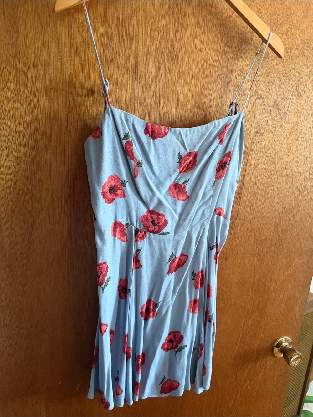Reformation Light Blue Mini Dress with Red Floral Print